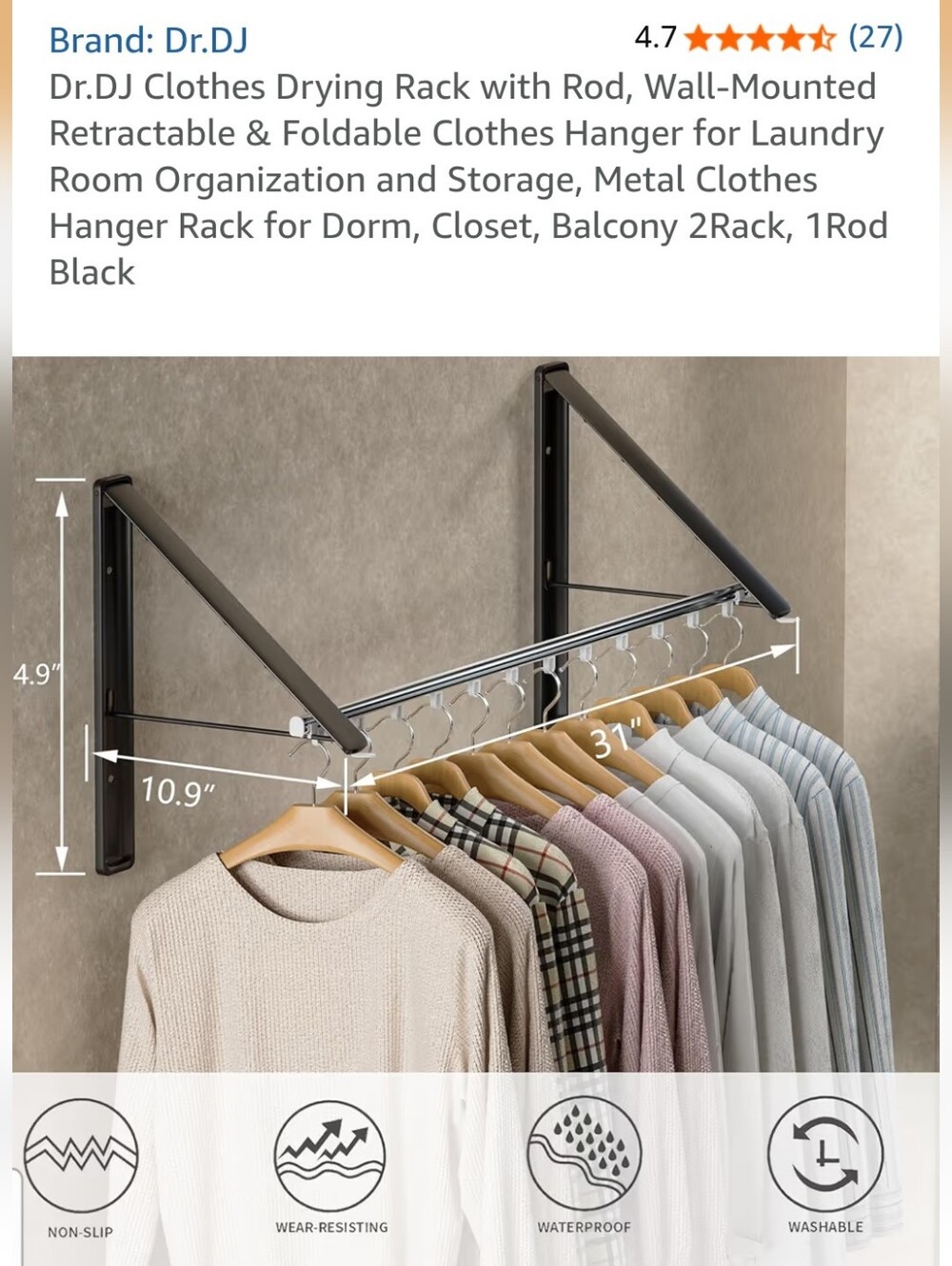 Amazon Wall-Mounted Retractable Clothes Rod Rack - Black